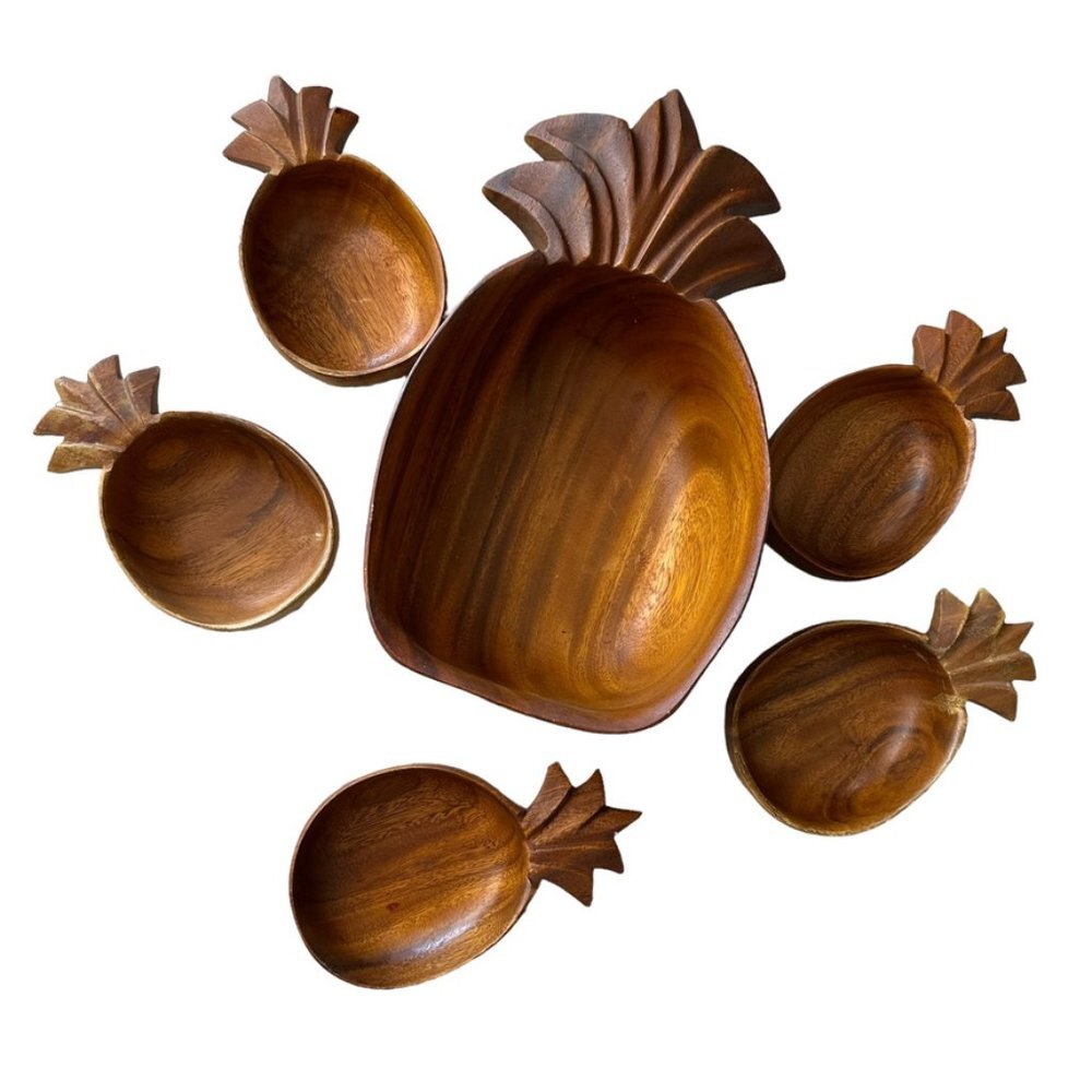 Vintage Teak Pineapple Salad Bowl Set Mid Century Modern- 6 Pieces